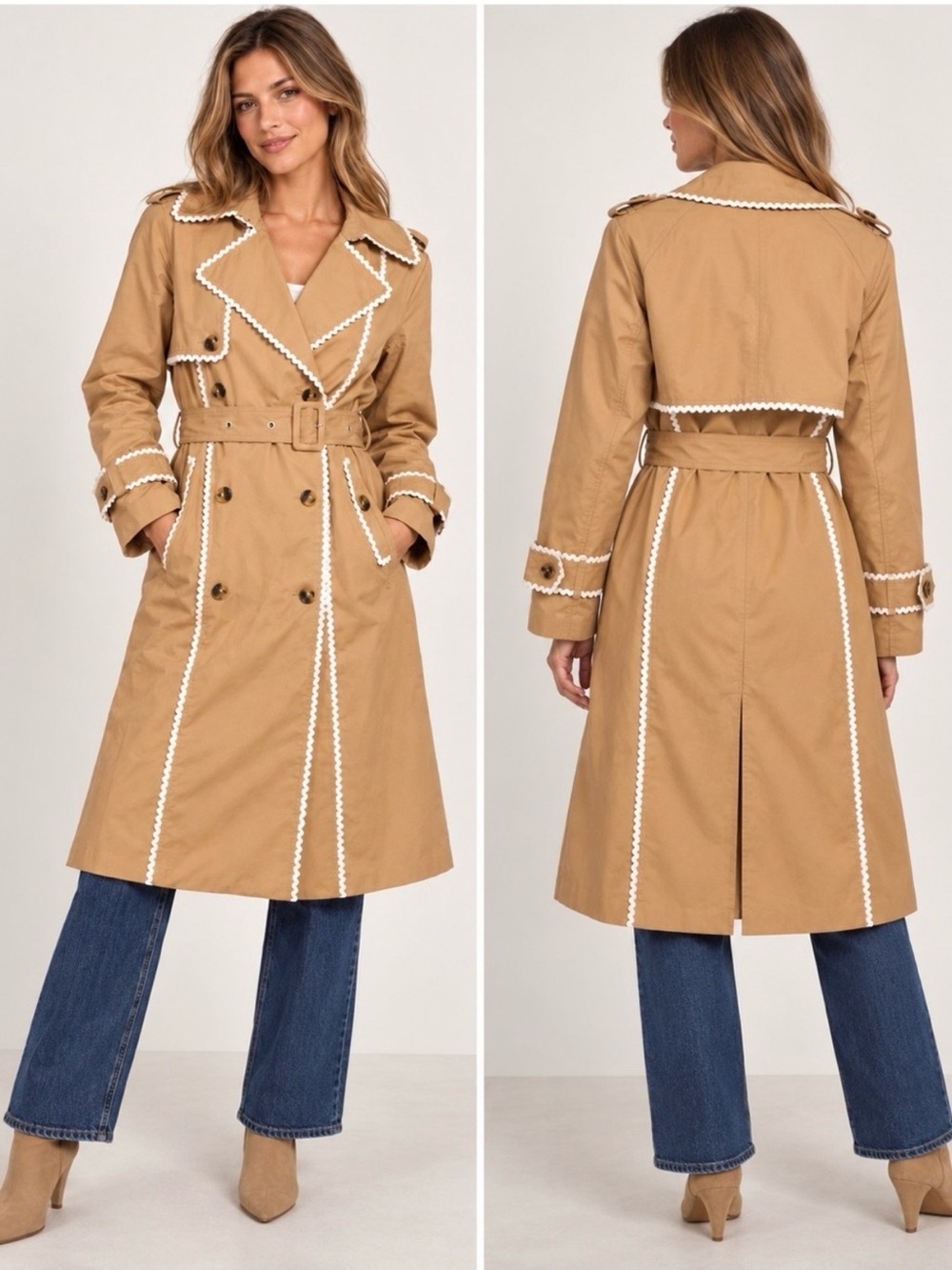 7 For All Mankind Tan Trench Coat with White Trim